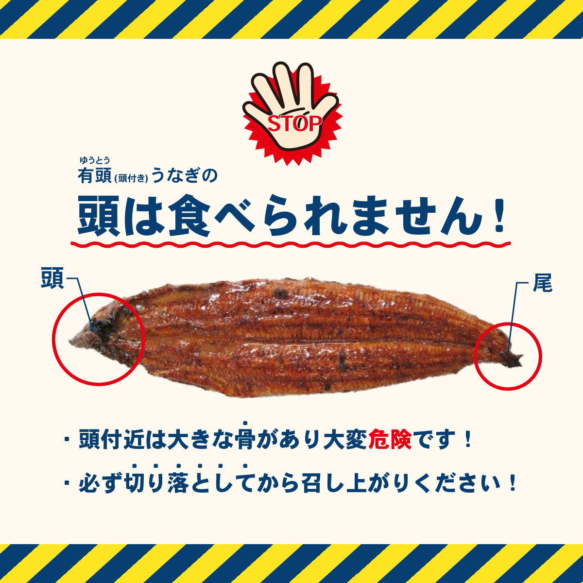 有頭うなぎの頭は食べられません！頭付近は大きな骨があり大変危険です
